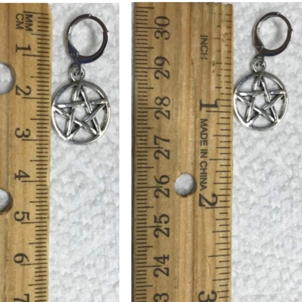 Gothic Pagan Silver Pentagram Pentacle Handmade Hoop Earrings, Encircled Stars - Picture 12 of 12